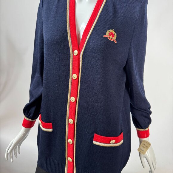 St. John Collection By Marie Gray Navy Cardigan With Red & Gold Trim S - Picture 10 of 16